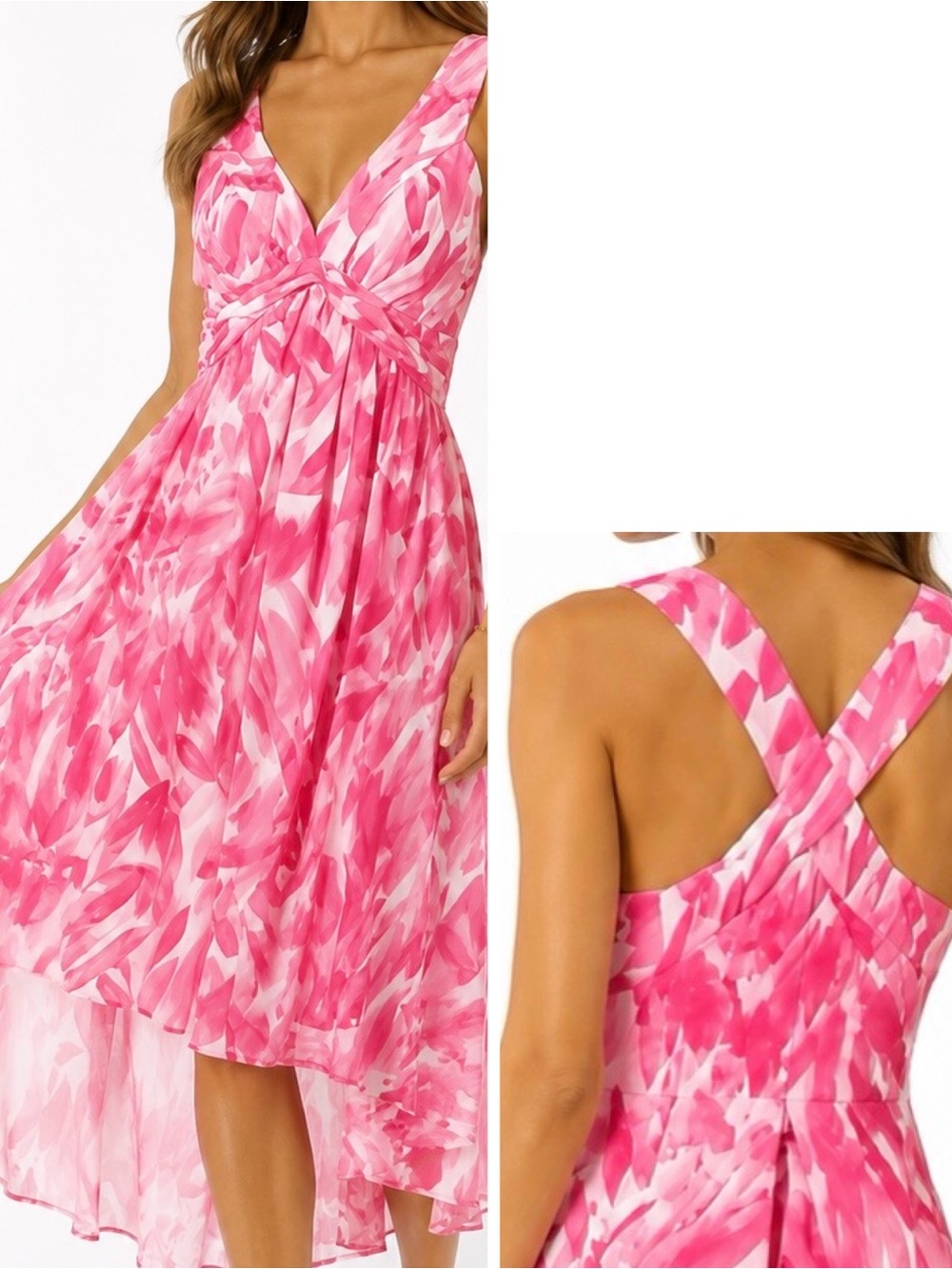 POSTAGE STAMP Anthropologie Pink & White Feather High Low Midi Dress w Slip